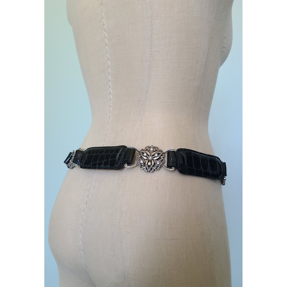 VTG Brighton Sz 32 Black Leather Belt Empire Lace Embossed Patent Croc Crystals - Picture 3 of 5